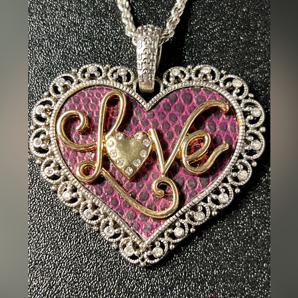 Ethel & Myrtle Magenta Filligree Mixed Metal Heart Love CZ Pendant Necklace